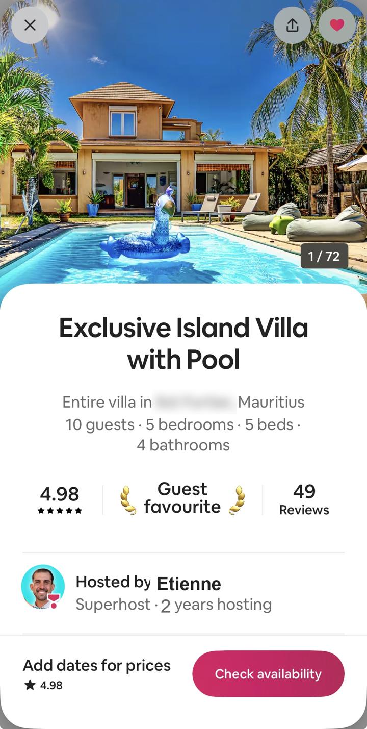 Airbnb listing page for Exclusive Island Villa with Pool, Mauritius